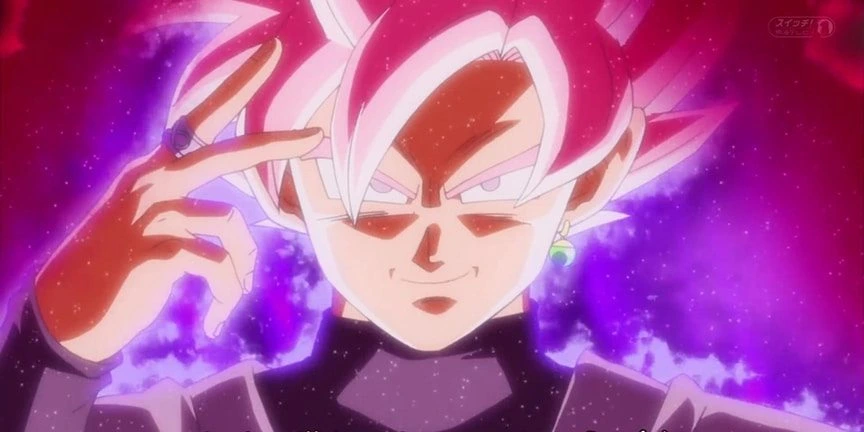 Goku Black Super Saiyajin Rosé com a mão erguida e anel visível