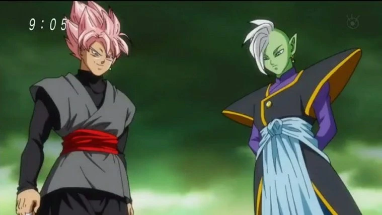 Goku Black Super Saiyajin Rosé ao lado do Zamasu imortal