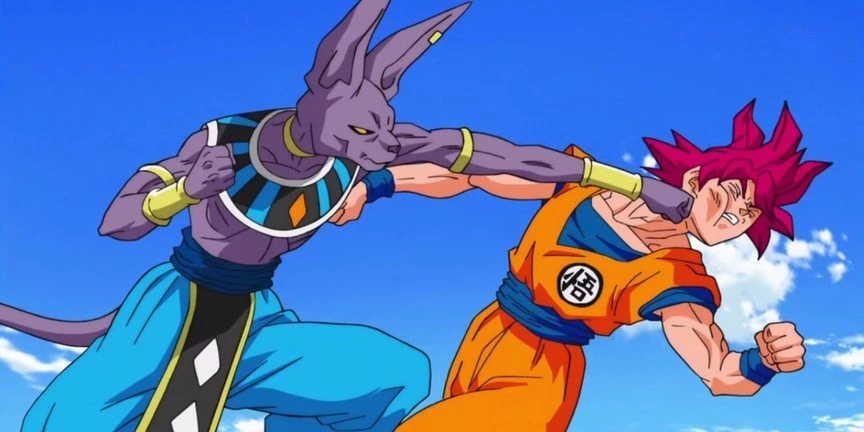 Goku de cabelo vermelho como Super Saiyajin Deus enfrenta Bills