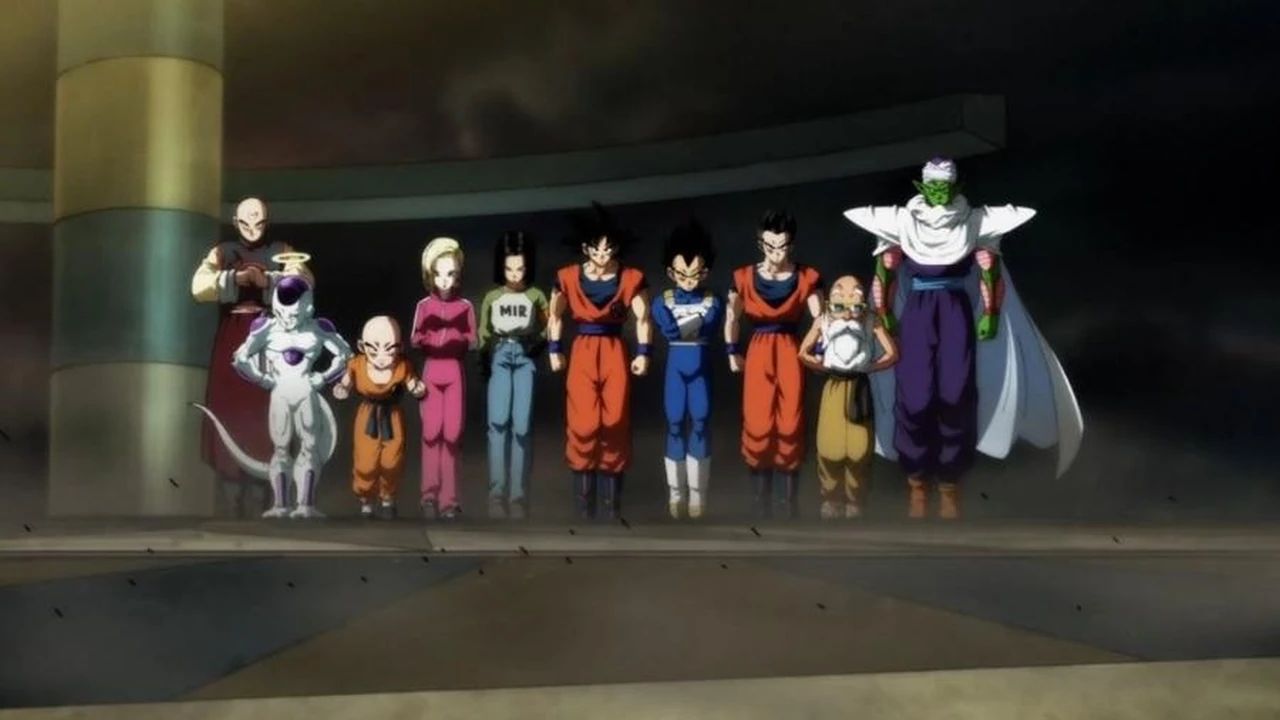 Os dez representantes do Universo 7 reunidos na arena