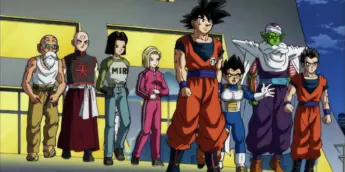 Goku, Vegeta e outros integrantes do Universo 7 reunidos antes do Torneio do Poder
