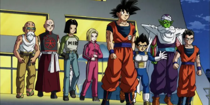 Goku, Vegeta e outros integrantes do Universo 7 reunidos antes do Torneio do Poder