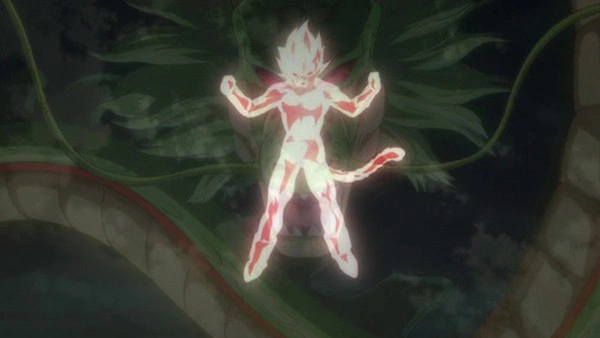 Representação da lenda de um Saiyajin com aura luminosa diante de Shenlong