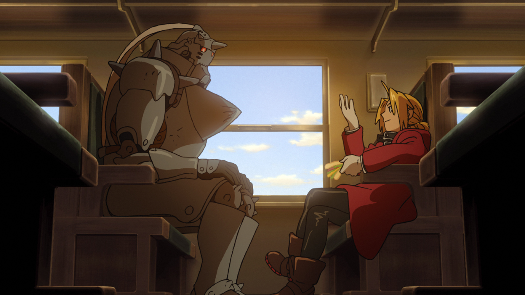 Edward e Alphonse Elric em um trem em Fullmetal Alchemist: A Estrela Sagrada de Milos.