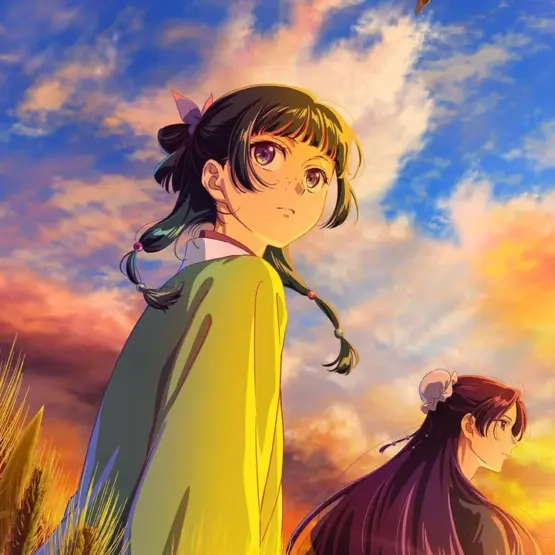 Maomao e Jinshi em um campo ao pôr do sol no visual oficial da terceira temporada de Diários de uma Apotecária.