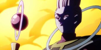 Beerus ao lado do cajado de Whis em Dragon Ball Super: Beerus