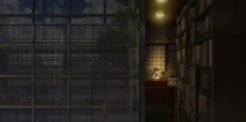 Interior da livraria Biblia em arte oficial do anime