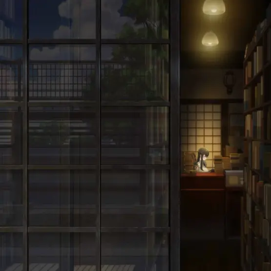 Interior da livraria Biblia em arte oficial do anime