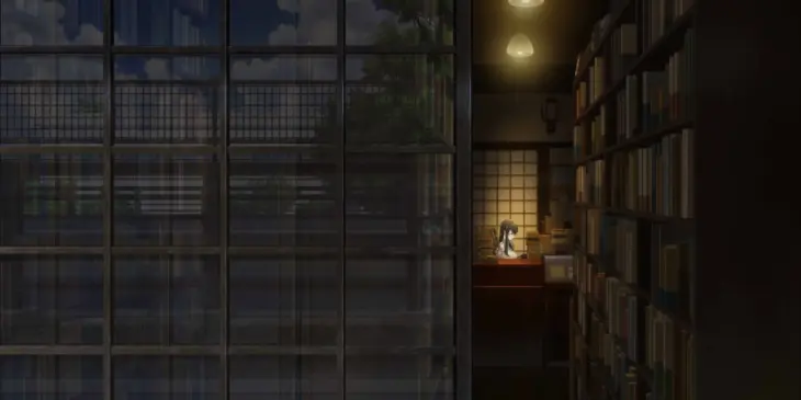 Interior da livraria Biblia em arte oficial do anime