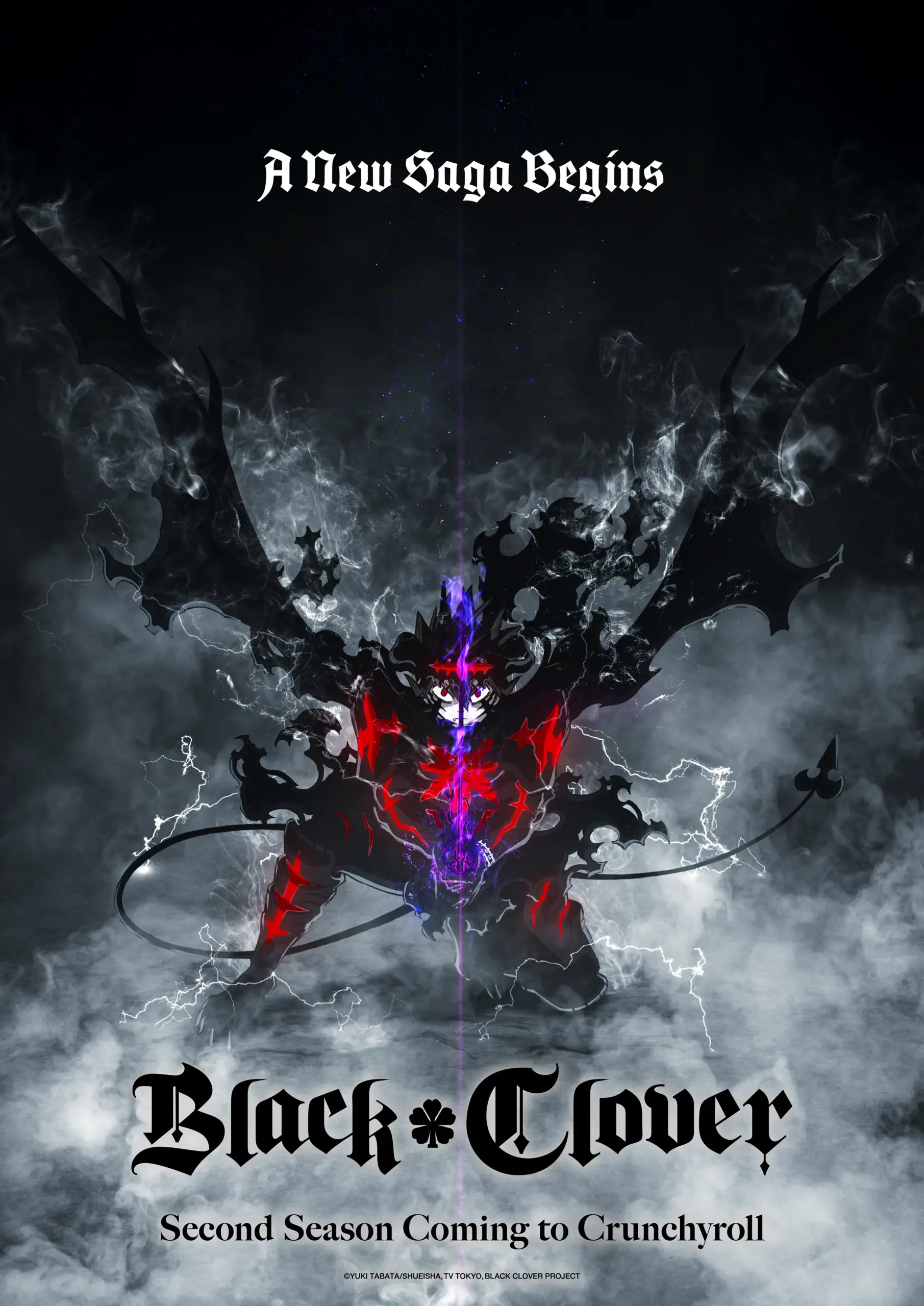 Asta em pôster de anúncio da segunda temporada de Black Clover, com asas escuras, espada e a frase A New Saga Begins