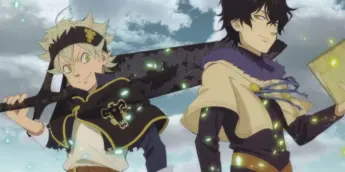 Asta com a espada apoiada no ombro ao lado de Yuno em Black Clover