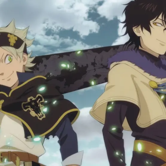Asta com a espada apoiada no ombro ao lado de Yuno em Black Clover