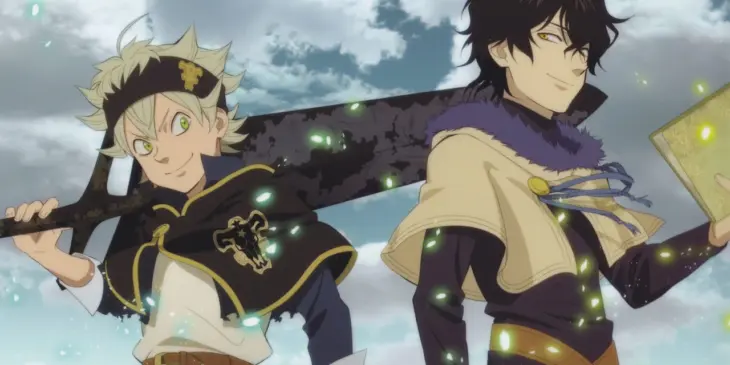 Asta com a espada apoiada no ombro ao lado de Yuno em Black Clover