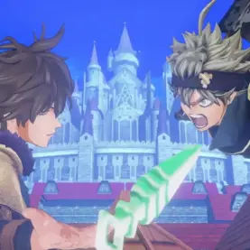 Asta e Yuno em cena 3D de Black Clover: Quartet Knights, diante de um castelo