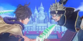 Asta e Yuno em cena 3D de Black Clover: Quartet Knights, diante de um castelo