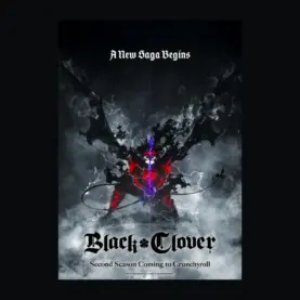 Pôster oficial integral da segunda temporada de Black Clover, com Asta e asas escuras, sobre fundo neutro
