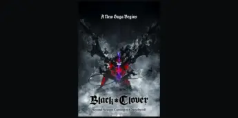 Pôster oficial integral da segunda temporada de Black Clover, com Asta e asas escuras, sobre fundo neutro
