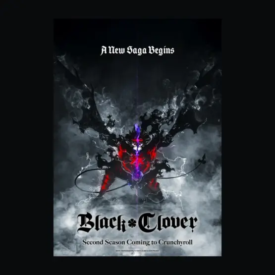 Pôster oficial integral da segunda temporada de Black Clover, com Asta e asas escuras, sobre fundo neutro