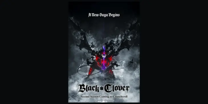 Pôster oficial integral da segunda temporada de Black Clover, com Asta e asas escuras, sobre fundo neutro