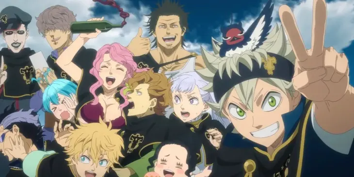 Asta faz o sinal de vitória ao lado de Yami, Noelle e outros integrantes dos Touros Negros em Black Clover