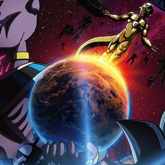 Goku, Beerus, Freeza e outros personagens na arte oficial de Dragon Ball Super: Beerus