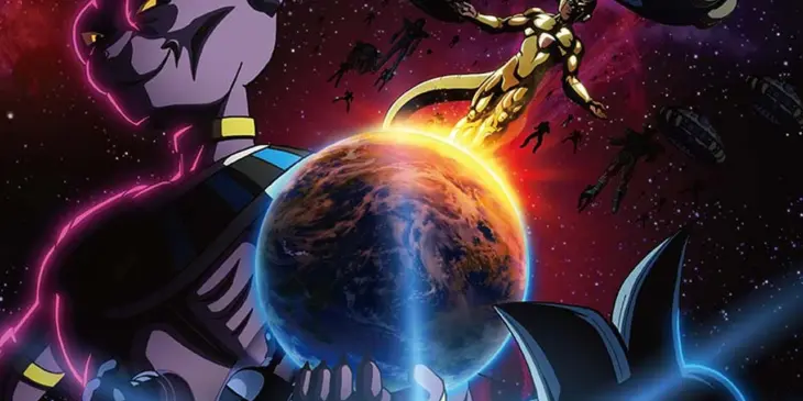 Goku, Beerus, Freeza e outros personagens na arte oficial de Dragon Ball Super: Beerus