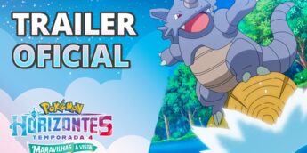Rhydon salta na água na miniatura do trailer oficial de Pokémon: Horizontes, temporada 4