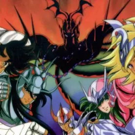 Seiya, Shiryu, Hyoga, Shun e Ikki com suas armaduras em Os Cavaleiros do Zodíaco.