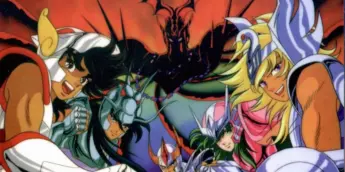 Seiya, Shiryu, Hyoga, Shun e Ikki com suas armaduras em Os Cavaleiros do Zodíaco.