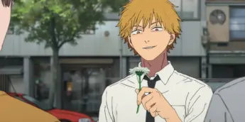 Denji segura uma flor em cena de Chainsaw Man – O Filme: Arco da Reze.