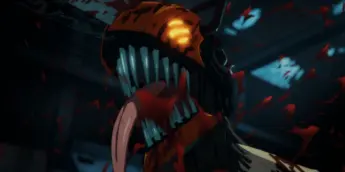 Denji transformado em Chainsaw Man, com a motosserra na cabeça, em cena do anime