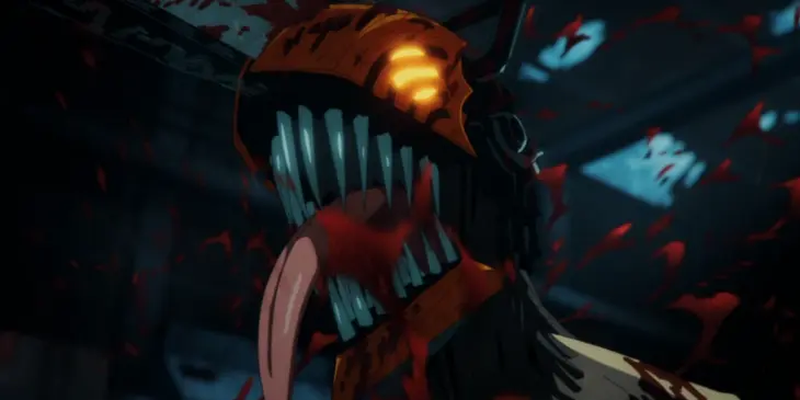 Denji transformado em Chainsaw Man, com a motosserra na cabeça, em cena do anime