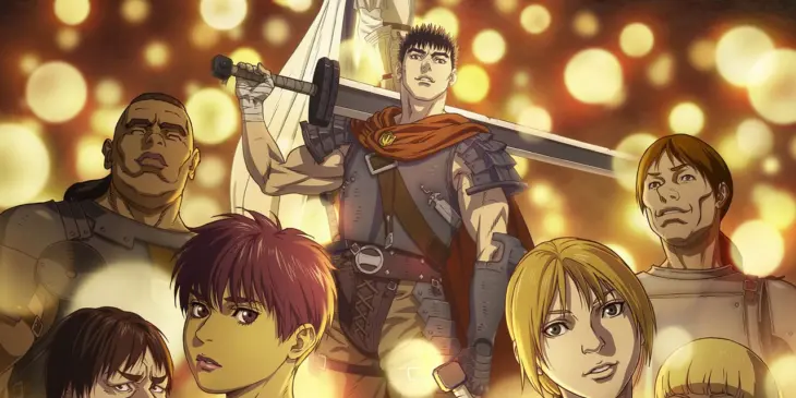 Guts, Casca e integrantes do Bando do Falcão em arte de Berserk Memorial Edition