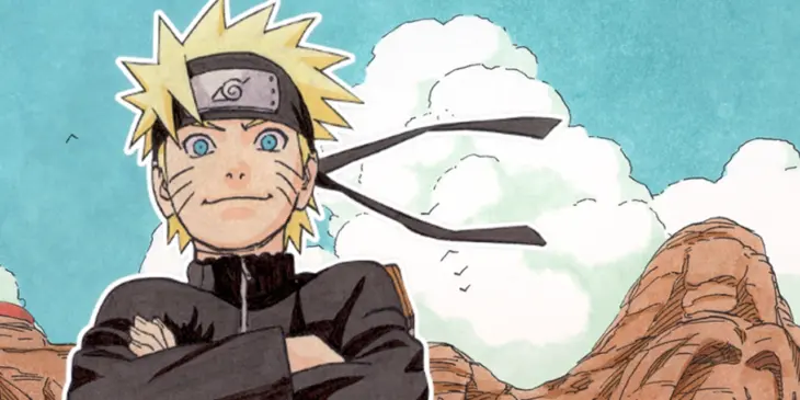 Naruto diante do Monumento Hokage em ilustração oficial