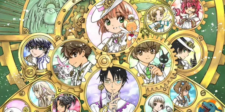 Personagens de diferentes obras do CLAMP na ilustração do site oficial CLAMP FANS