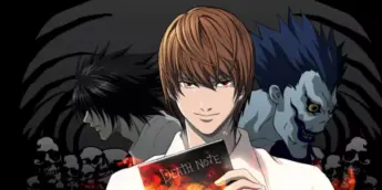 Light Yagami segura o Death Note, com L e Ryuk ao fundo.