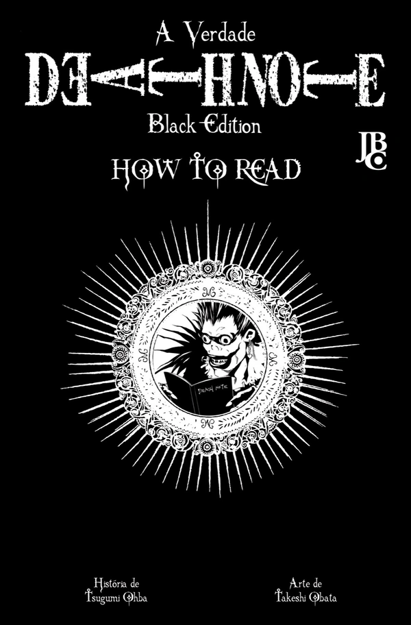 Capa brasileira de Death Note Black Edition How to Read, com Ryuk lendo um caderno dentro de um medalhão branco