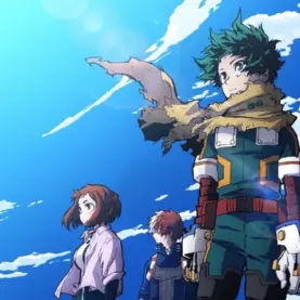 Deku e colegas em arte promocional da sétima temporada de My Hero Academia