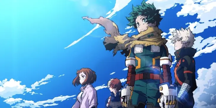 Deku e colegas em arte promocional da sétima temporada de My Hero Academia