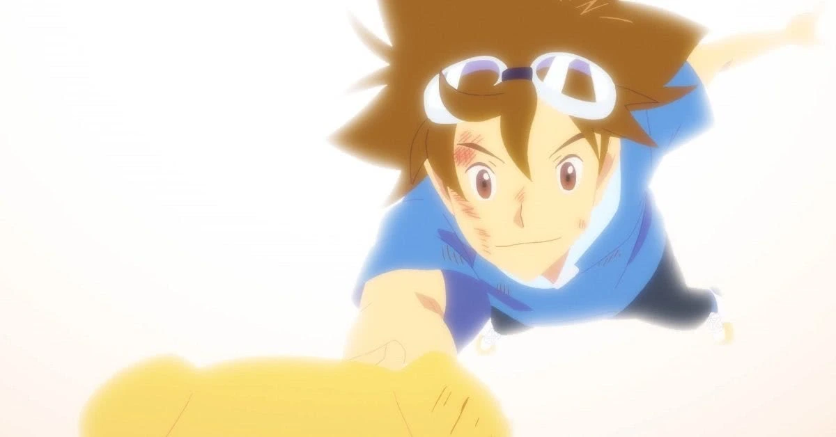 Taichi estende a mão em direção a Agumon em imagem de Digimon Adventure: Last Evolution Kizuna