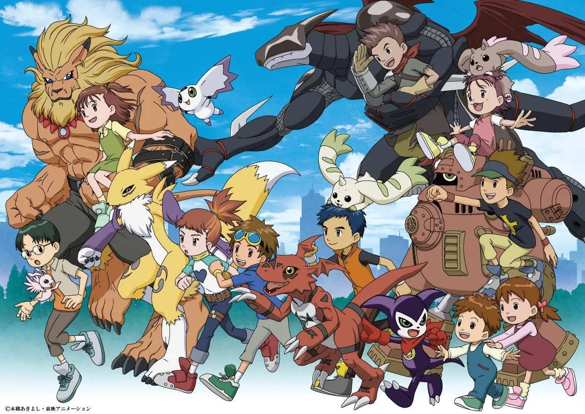 Personagens e parceiros de Digimon Tamers reunidos em arte comemorativa