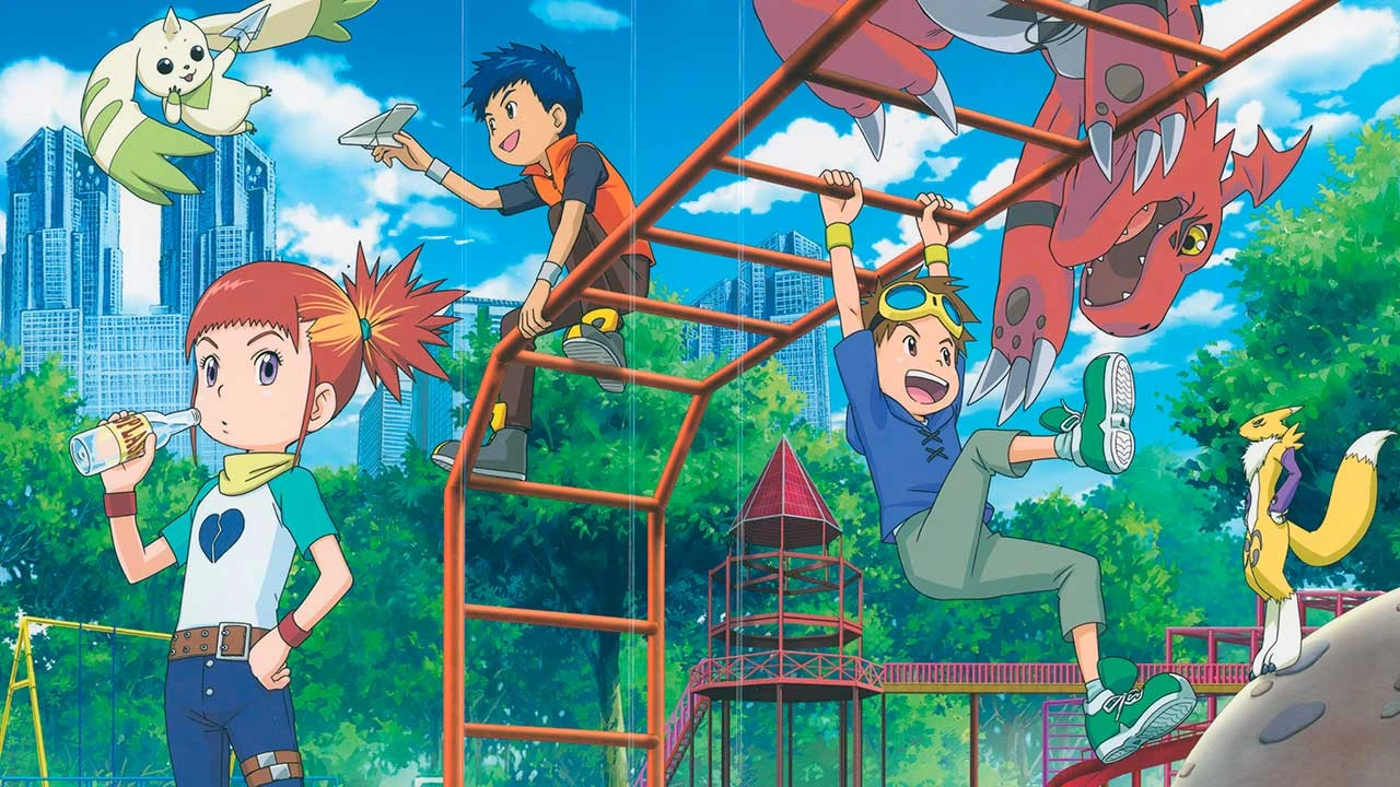 Takato, Rika e Henry com Guilmon, Renamon e Terriermon em arte de Digimon Tamers