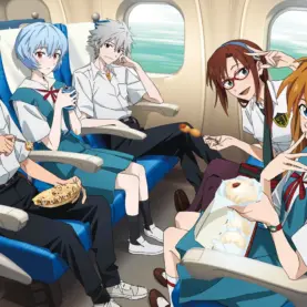 Shinji, Rei, Kaworu, Mari e Asuka sentados em um trem na arte oficial da campanha de Evangelion