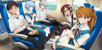Shinji, Rei, Kaworu, Mari e Asuka sentados em um trem na arte oficial da campanha de Evangelion