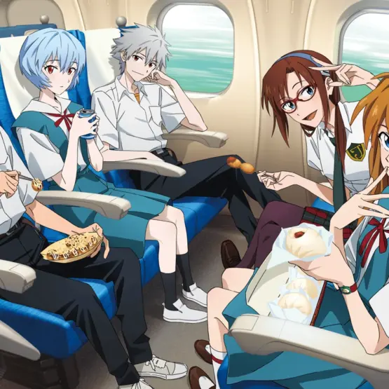 Shinji, Rei, Kaworu, Mari e Asuka sentados em um trem na arte oficial da campanha de Evangelion