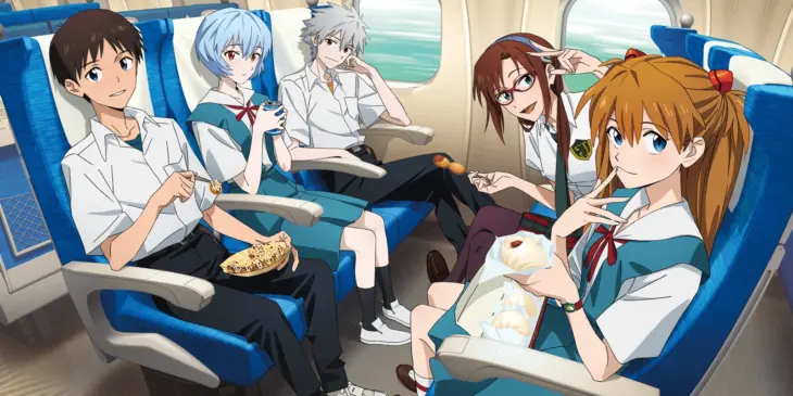 Shinji, Rei, Kaworu, Mari e Asuka sentados em um trem na arte oficial da campanha de Evangelion