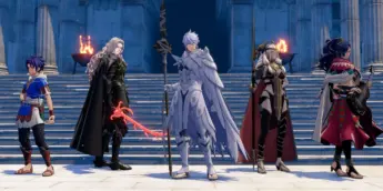 Personagens de Fire Emblem: Fortune’s Weave reunidos diante de um templo em imagem do jogo