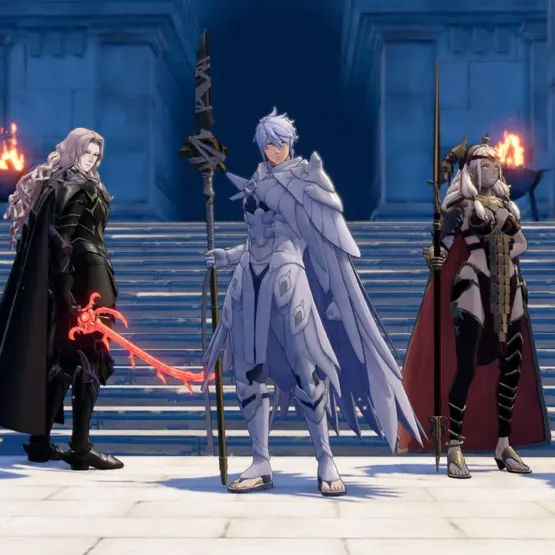 Personagens de Fire Emblem: Fortune’s Weave reunidos diante de um templo em imagem do jogo