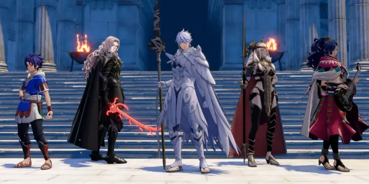 Personagens de Fire Emblem: Fortune’s Weave reunidos diante de um templo em imagem do jogo