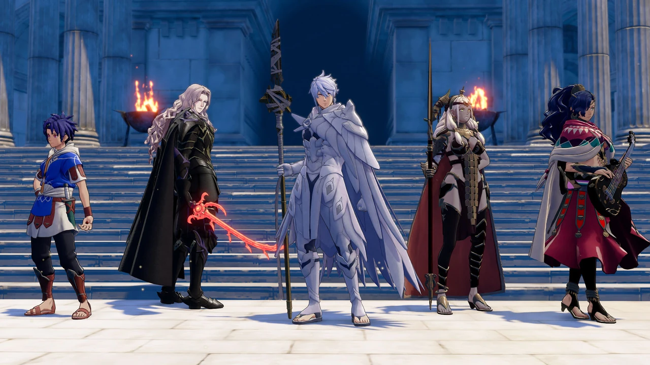 Personagens de Fire Emblem: Fortune’s Weave diante de um templo em imagem do jogo